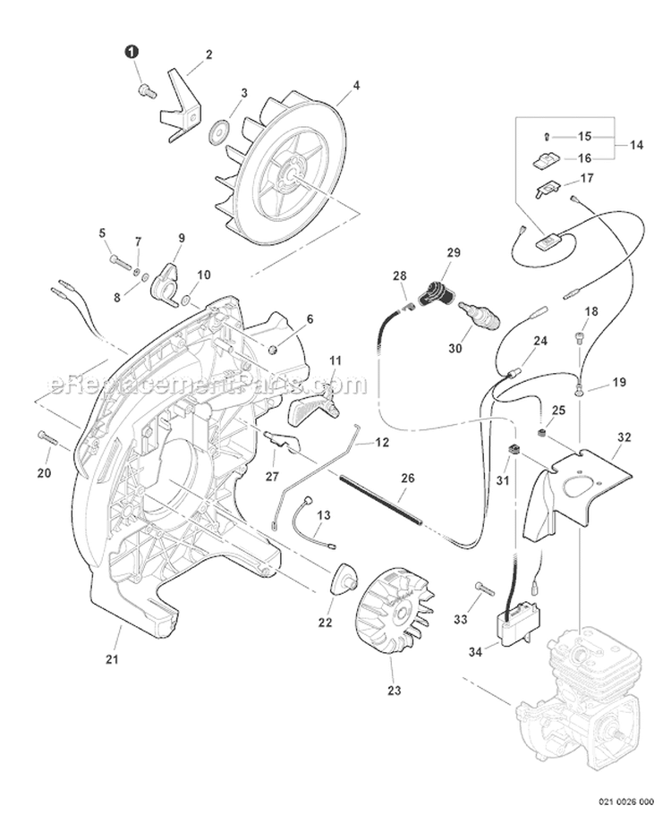 Fan Ignition, Right Fan Cover Diagram and Parts List for P33612001001-P33612999999 Echo Chipper Shredder