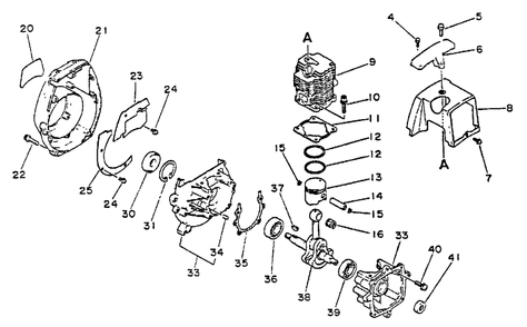 Engine, Crankcase, Fan Housing, Cover Diagram and Parts List for 001001 - 010200 Echo Trimmer