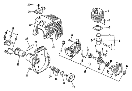 Engine, Engine Cover, Fan Case Diagram and Parts List for 0135001 - 9999999 Echo Trimmer