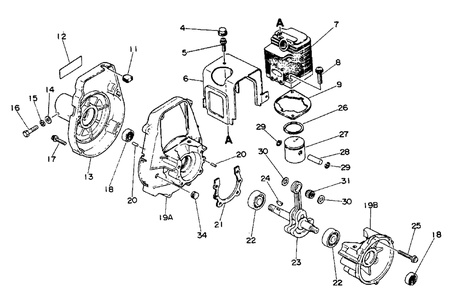 Engine, Crankcase, Fan Housing Cover Diagram and Parts List for AE Version Echo Trimmer