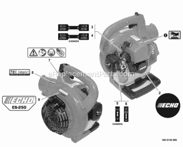 Labels Diagram and Parts List for P38311001001 - P38311999999 Echo Chipper Shredder