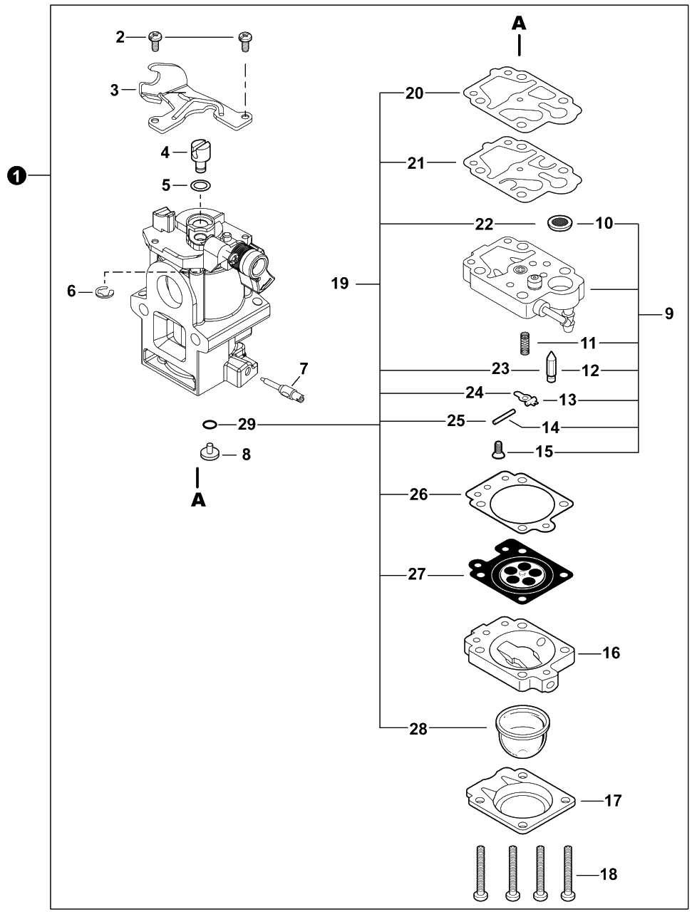 Carburetor Diagram and Parts List for P56015001001 - P56015999999 Echo Leaf Blower / Vacuum