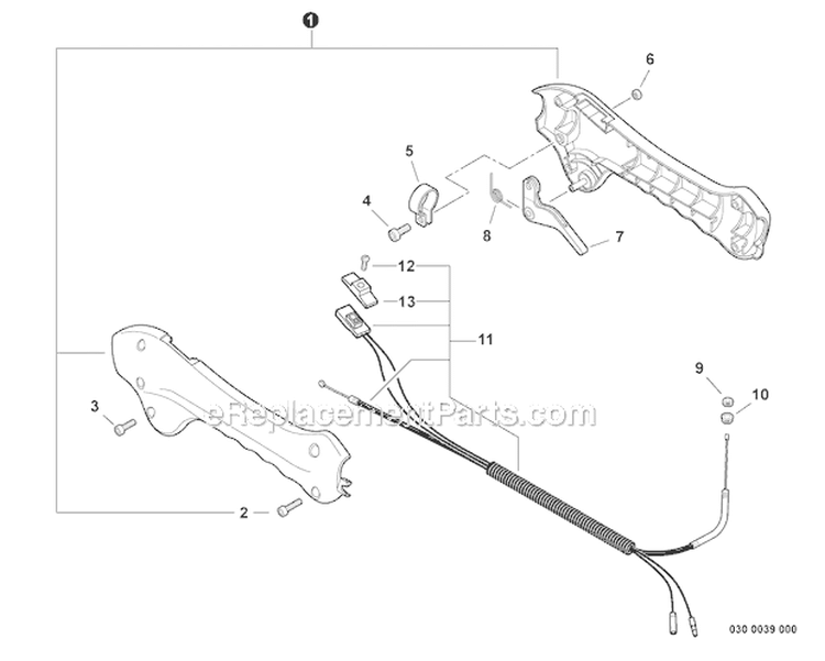 Control Handle Diagram and Parts List for S08612001001-S08612999999 Echo Trimmer