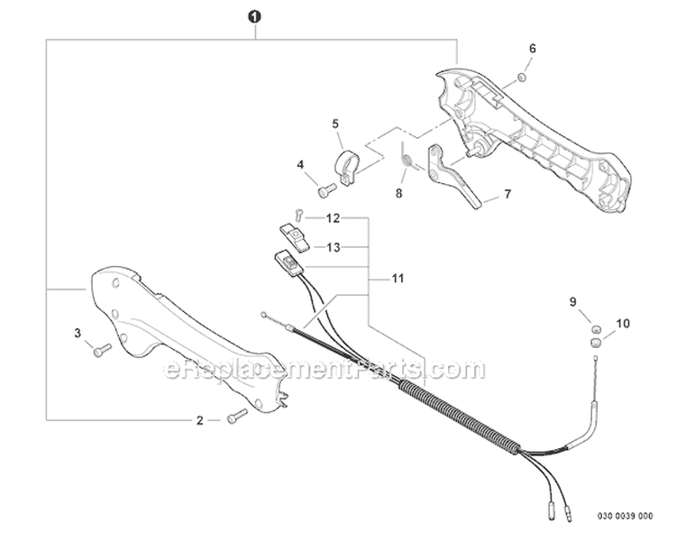 Control Handle Diagram and Parts List for S08612001001-S08612999999 Echo Trimmer