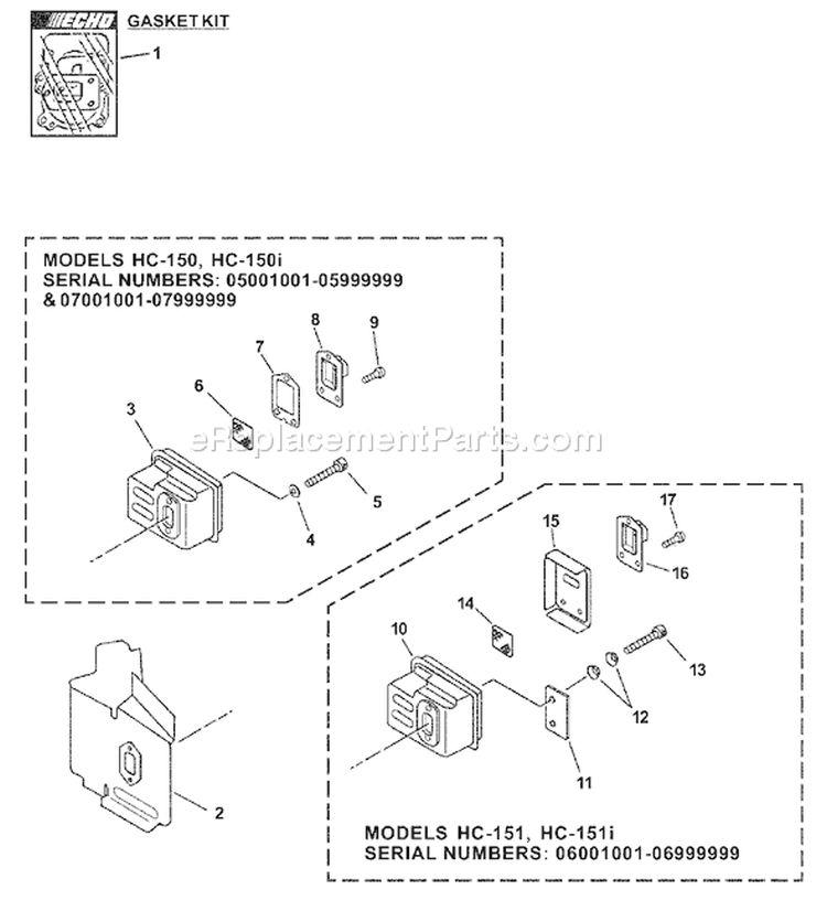 Page E Diagram and Parts List for 05001001 - 05999999 Echo Hedge Trimmer