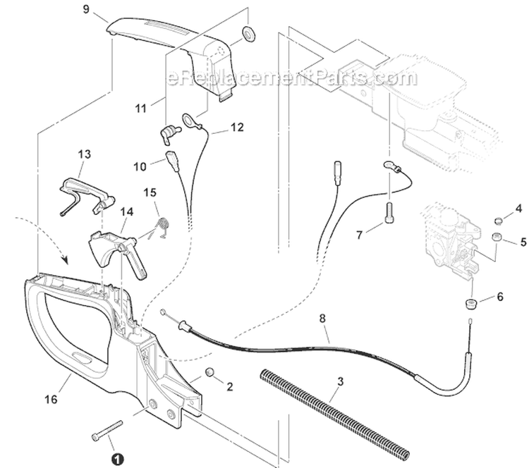 Rear Handle, Ignition Switch, Throttle Cable Diagram and Parts List for S94012001001-S94012999999 Echo Hedge Trimmer