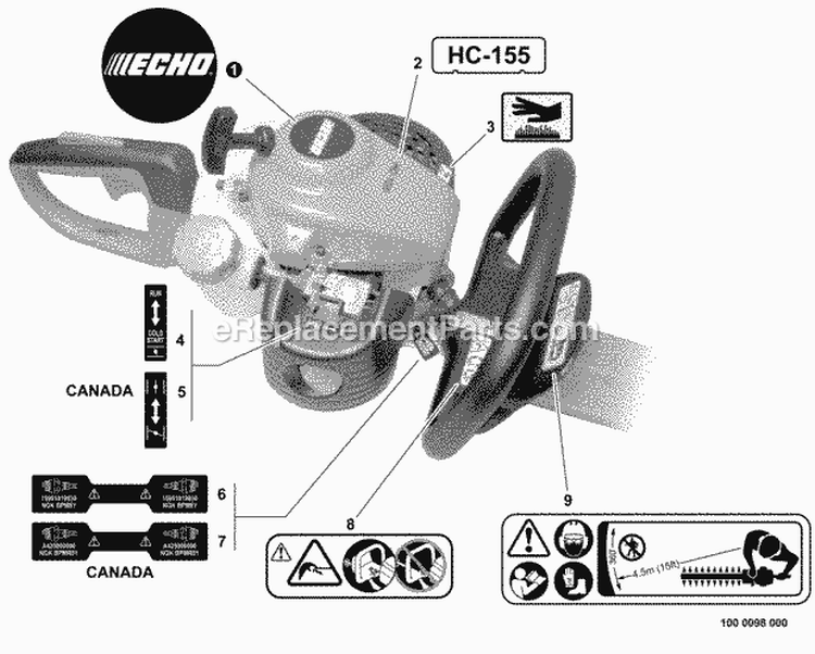 Labels Diagram and Parts List for S76212001001-S76212999999 Echo Hedge Trimmer