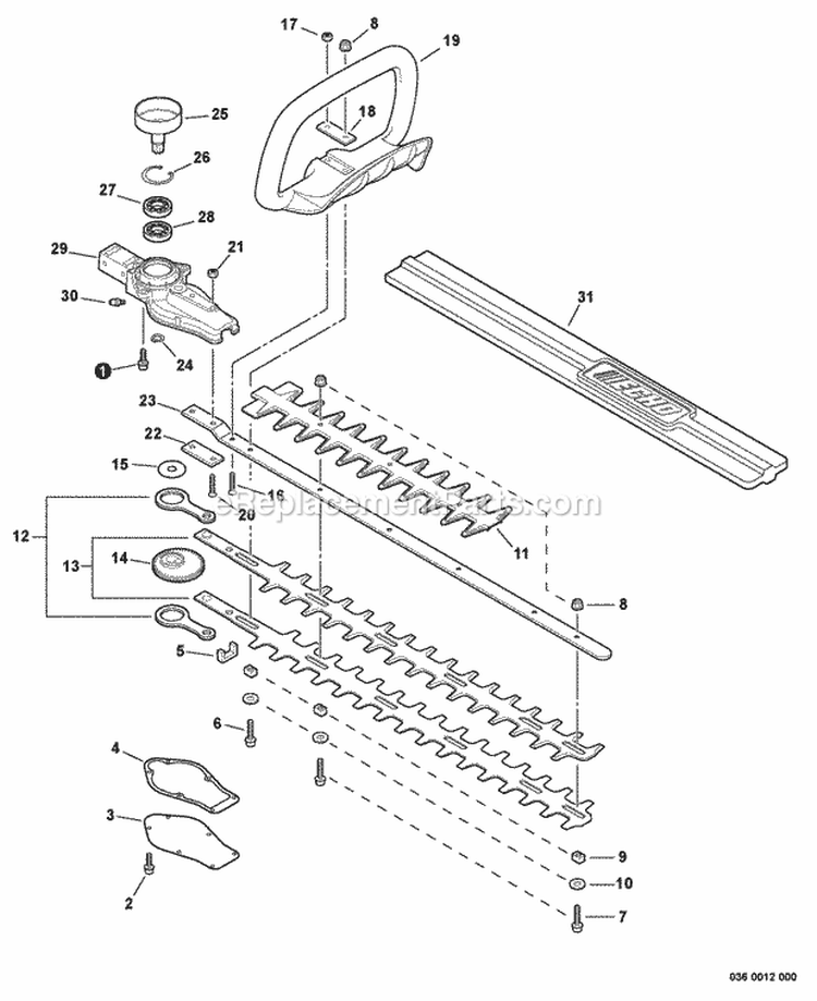 Front Handle Gear Case Blades - 20 Without Tip Guard Diagram and Parts List for S76212001001-S76212999999 Echo Hedge Trimmer