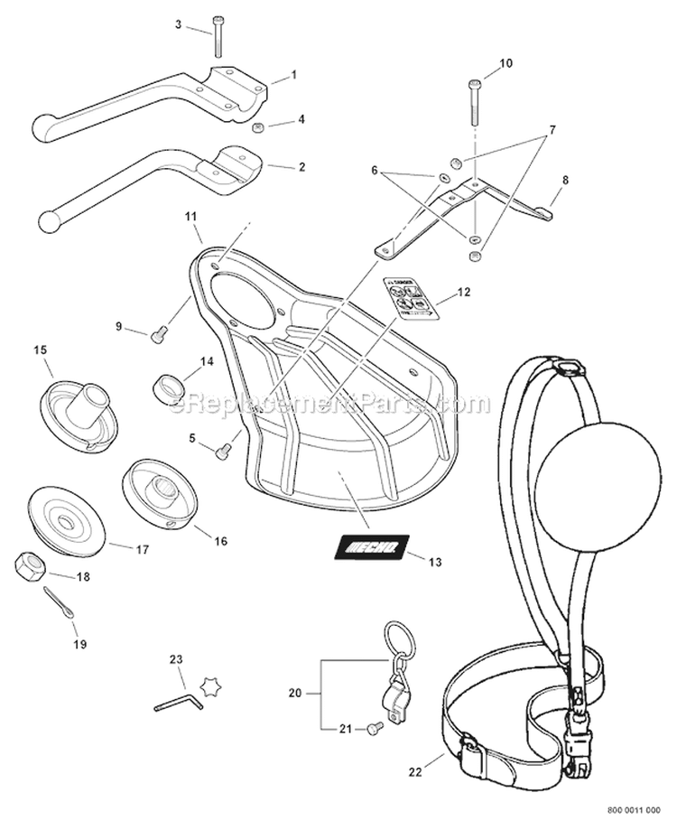 Barrier Bar, Metal Shield, Shoulder Strap Diagram and Parts List for S59511001001-S59511003000 Echo Trimmer