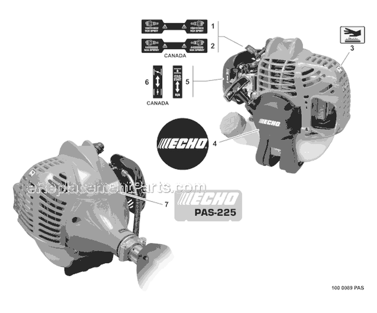 Labels Diagram and Parts List for S59511003001-S59511999999 Echo Trimmer