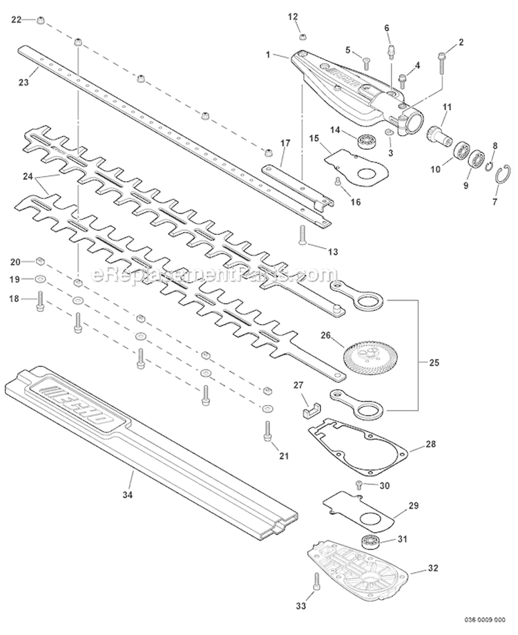 Hedge Trimmer - Gear Case, Blades Diagram and Parts List for S59612022001-S59612999999 Echo Trimmer