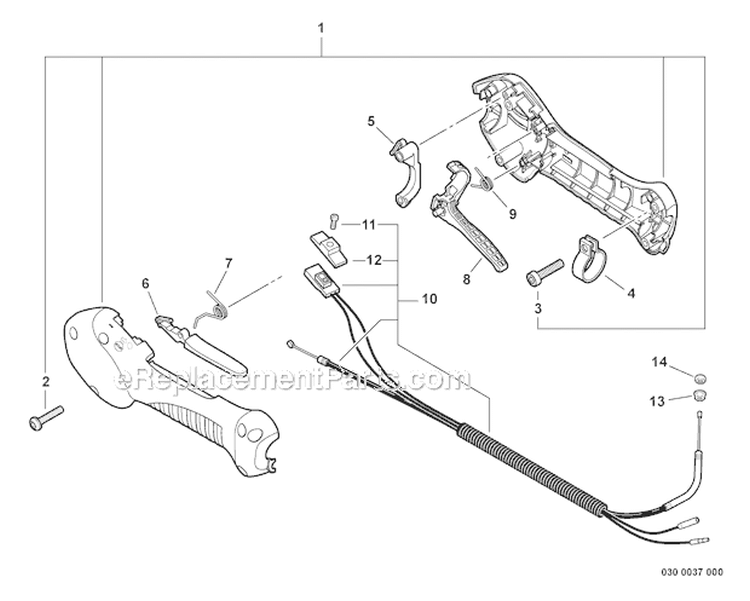 Control Handle, Control Cable Assembly Diagram and Parts List for S59612022001-S59612999999 Echo Trimmer