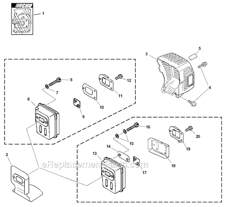 Exhaust Diagram and Parts List for 06001001-06999999 Echo Trimmer
