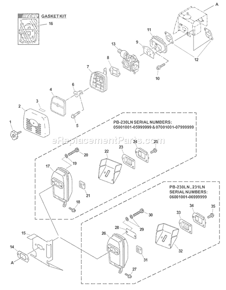 Page E Diagram and Parts List for 06001001 - 06004666 Echo