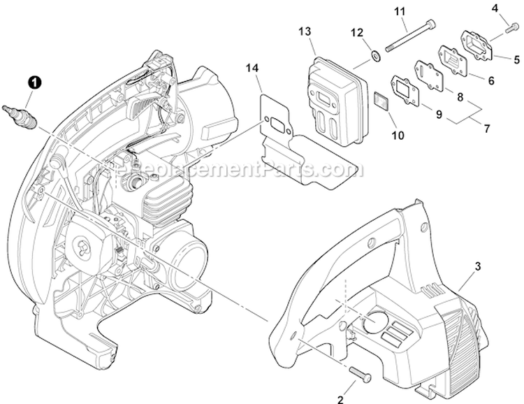 Engine Cover, Exhaust Diagram and Parts List for P31013001001-P31013999999 Echo Leaf Blower / Vacuum