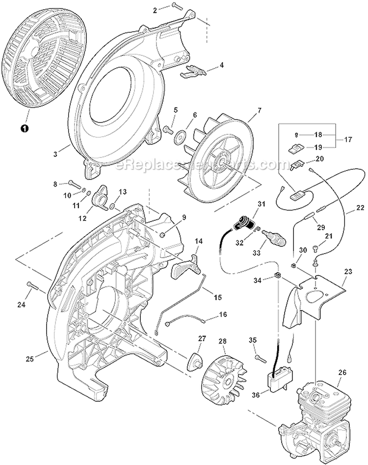 Fan Cover, Ignition, Throttle Control Diagram and Parts List for P33112001001-P33112999999 Echo Leaf Blower / Vacuum
