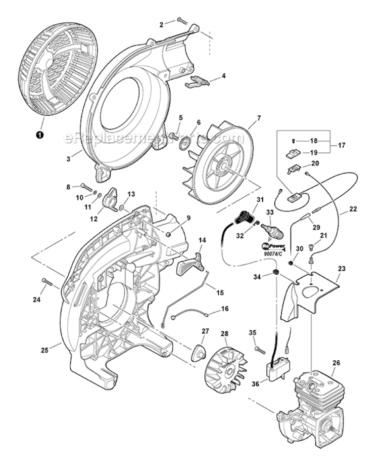 Fan Cover, Ignition, Throttle Control Diagram and Parts List for P33211001001-P33211999999 Echo Leaf Blower / Vacuum