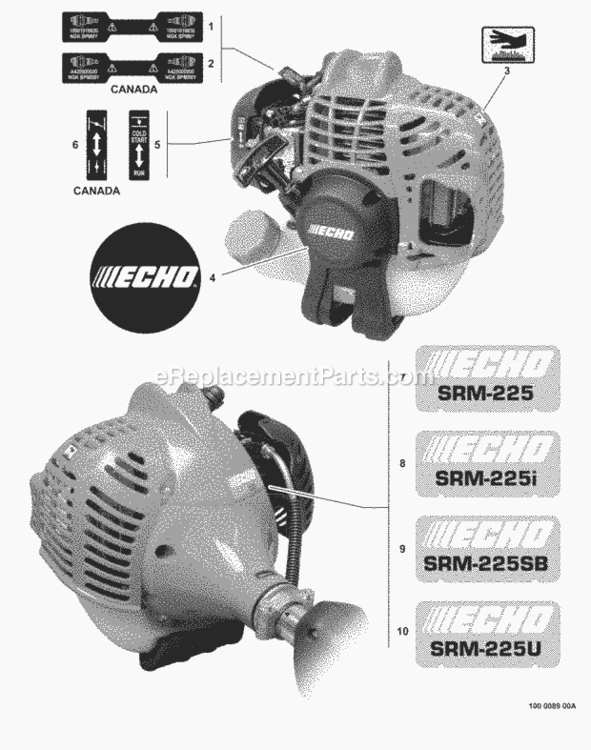 Labels Diagram and Parts List for S89312001001 - S89312013423 Echo Trimmer