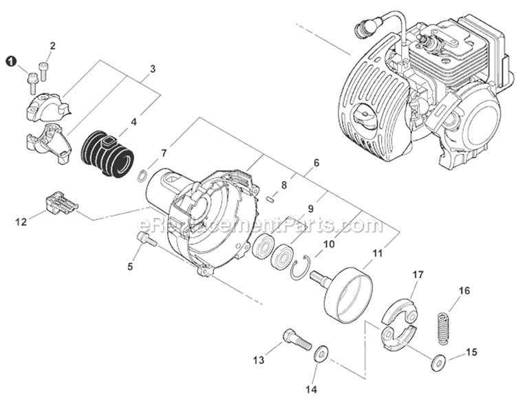 Fan Case, Clutch Diagram and Parts List for T43413001001-T43413999999 Echo Trimmer