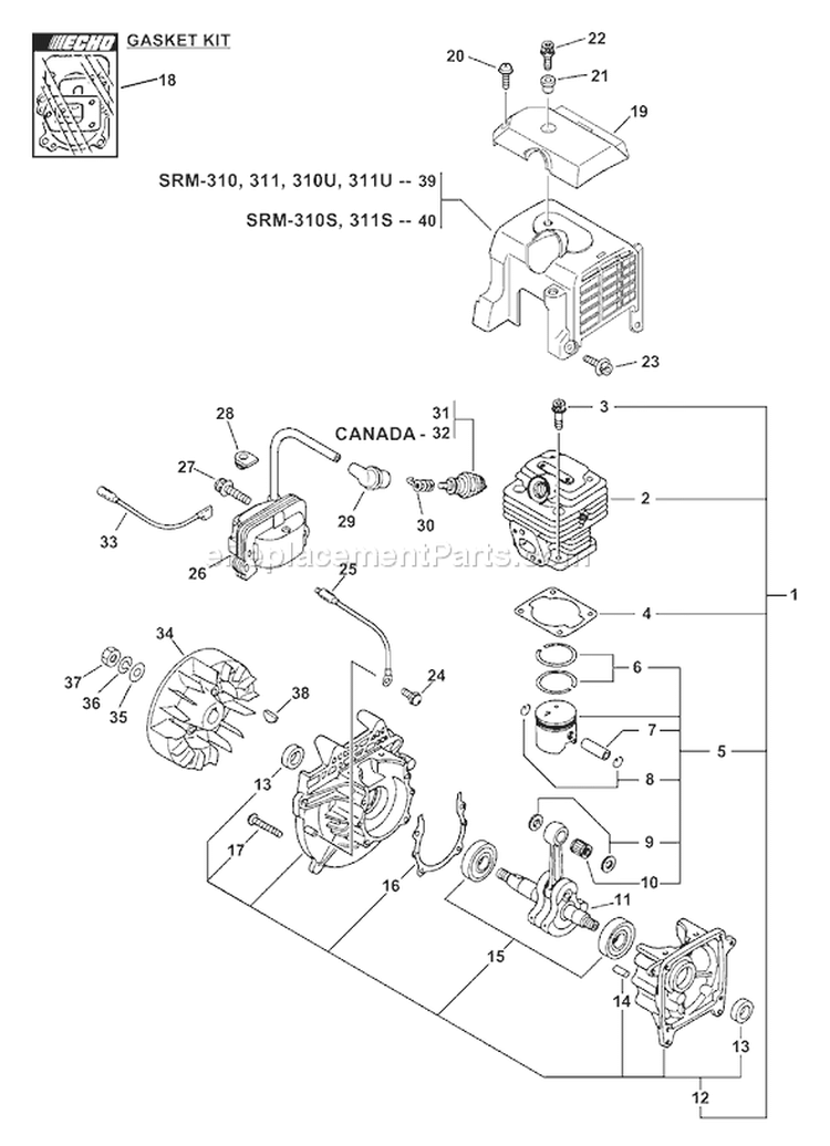 Page C Diagram and Parts List for 03001001-03999999 Echo Trimmer