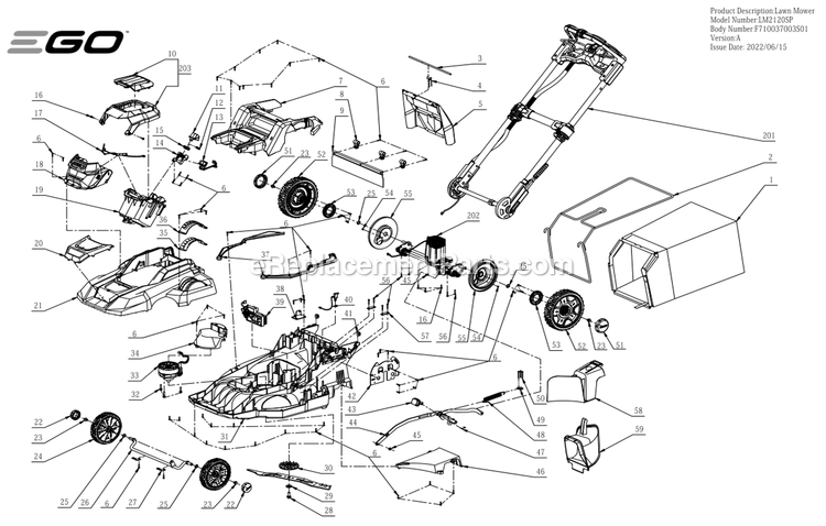 Page A Diagram and Parts List for A Ego Lawn Mower