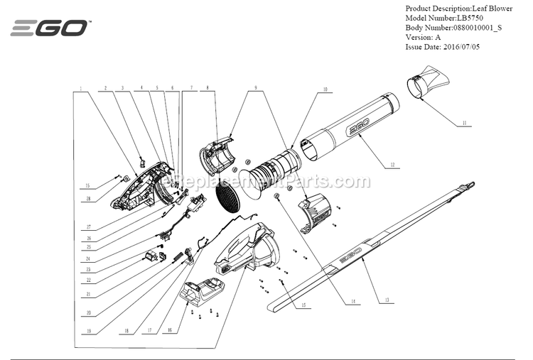 Page A Diagram and Parts List for A Ego Leaf Blower / Vacuum