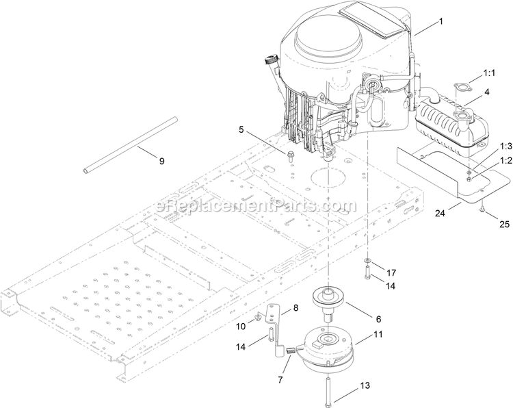 Engine, Muffler And Clutch Assembly Diagram and Parts List for (920000-999999)(2011) Exmark Lawn Mower