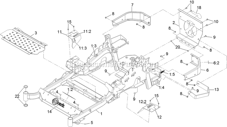 Main Frame Assembly Diagram and Parts List for (404314159-406294344)(2019) Exmark Lawn Mower
