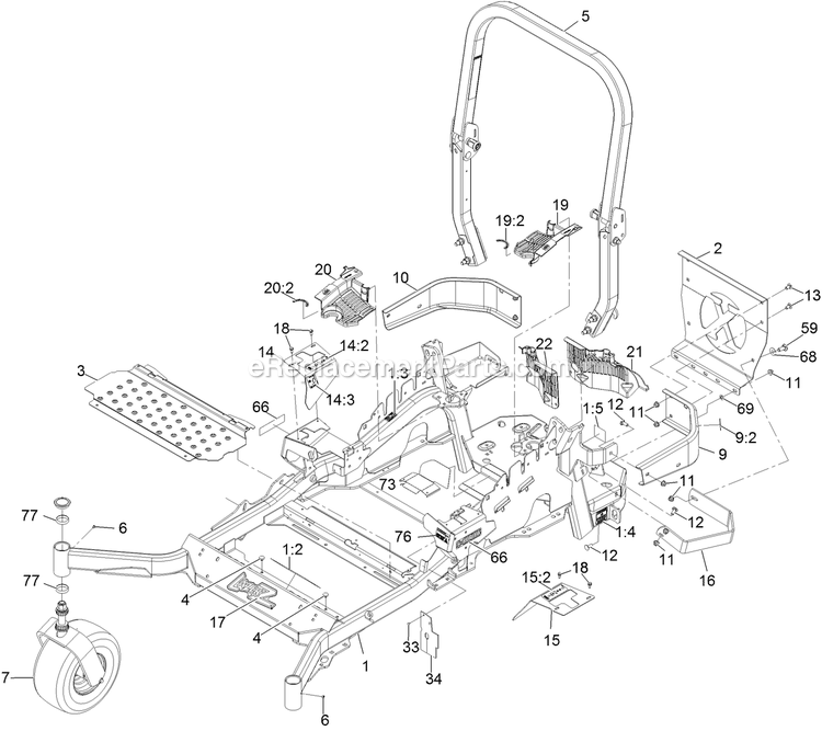 Main Frame Assembly Diagram and Parts List for (314000000-314999999)(2014) Exmark Lawn Mower