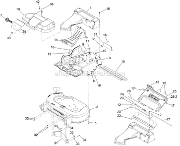 Deck, Frame, And Chute Assembly Diagram and Parts List for (408644346-411294211)(2021) Exmark Lawn Mower