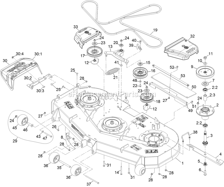 Deck Assembly Diagram and Parts List for (406294345-408644345)(2020) Exmark Lawn Mower