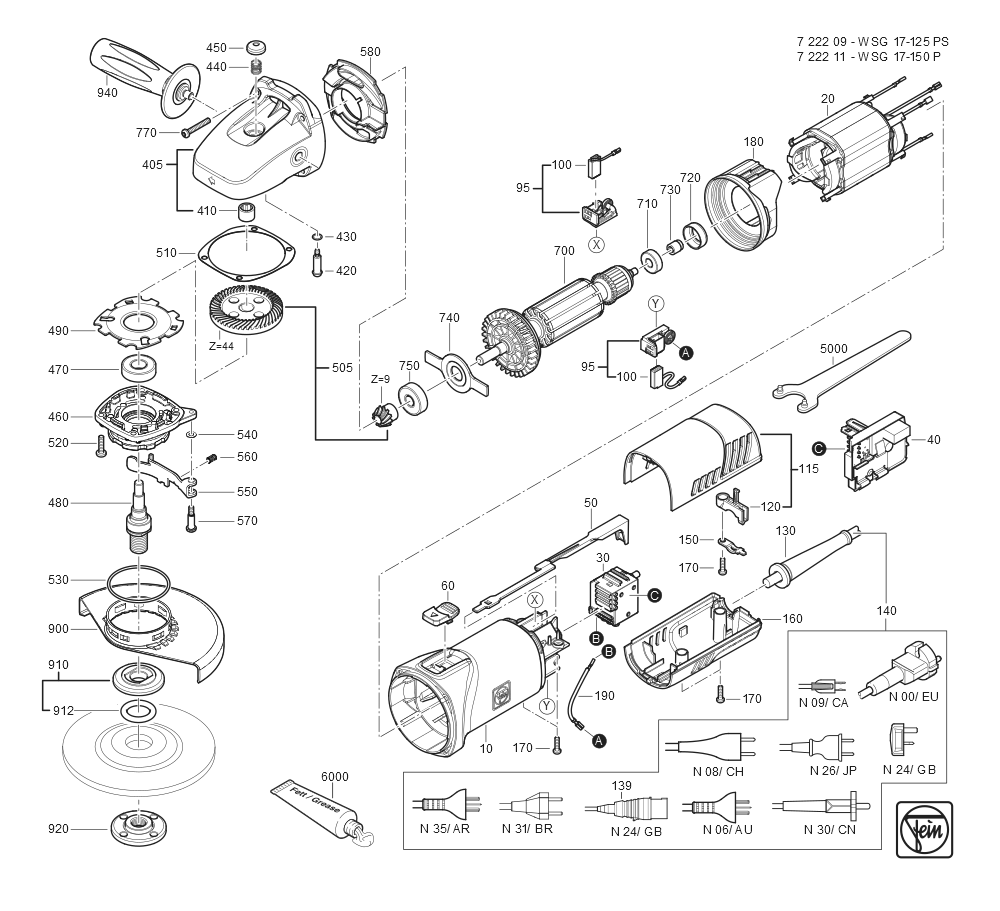  Diagram and Parts List for 72220909360 Fein Angle Grinder