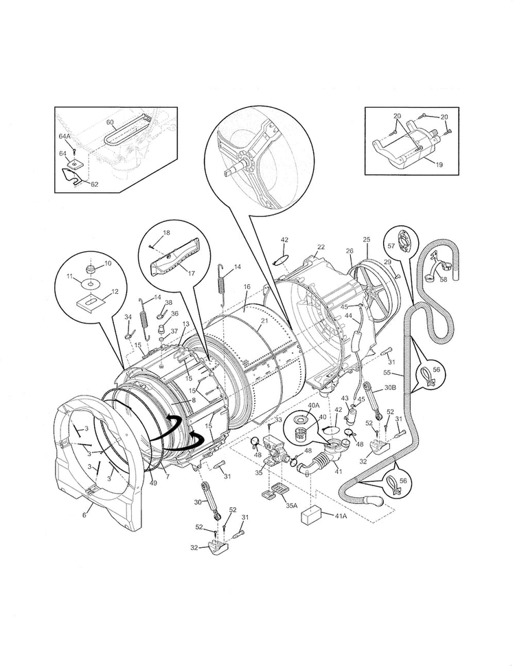 Motor/tub Diagram and Parts List for  Frigidaire Washer