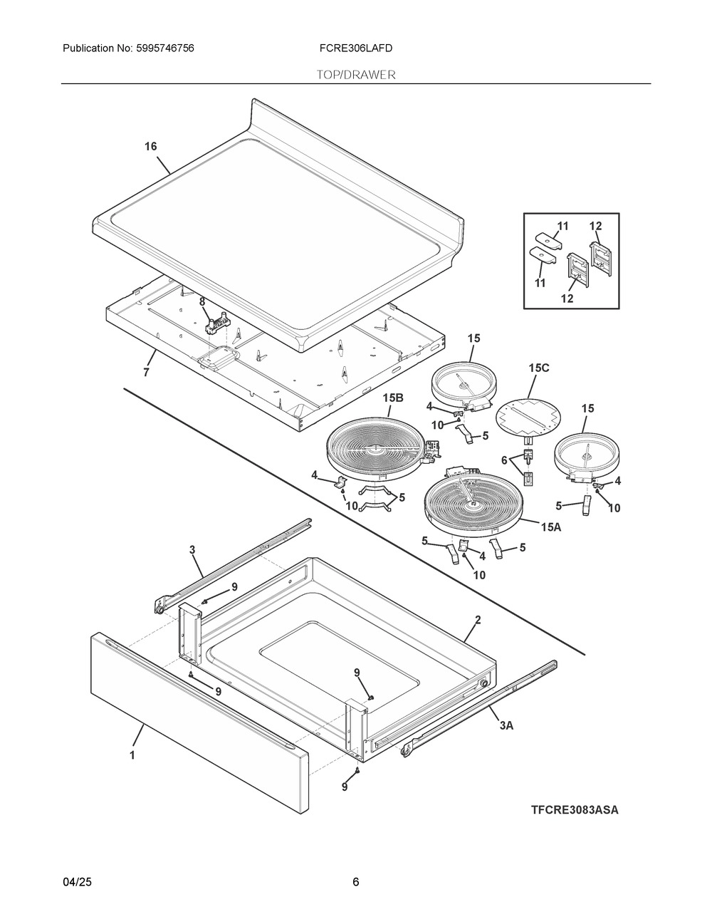 Top/Drawer Diagram and Parts List for  Frigidaire Range