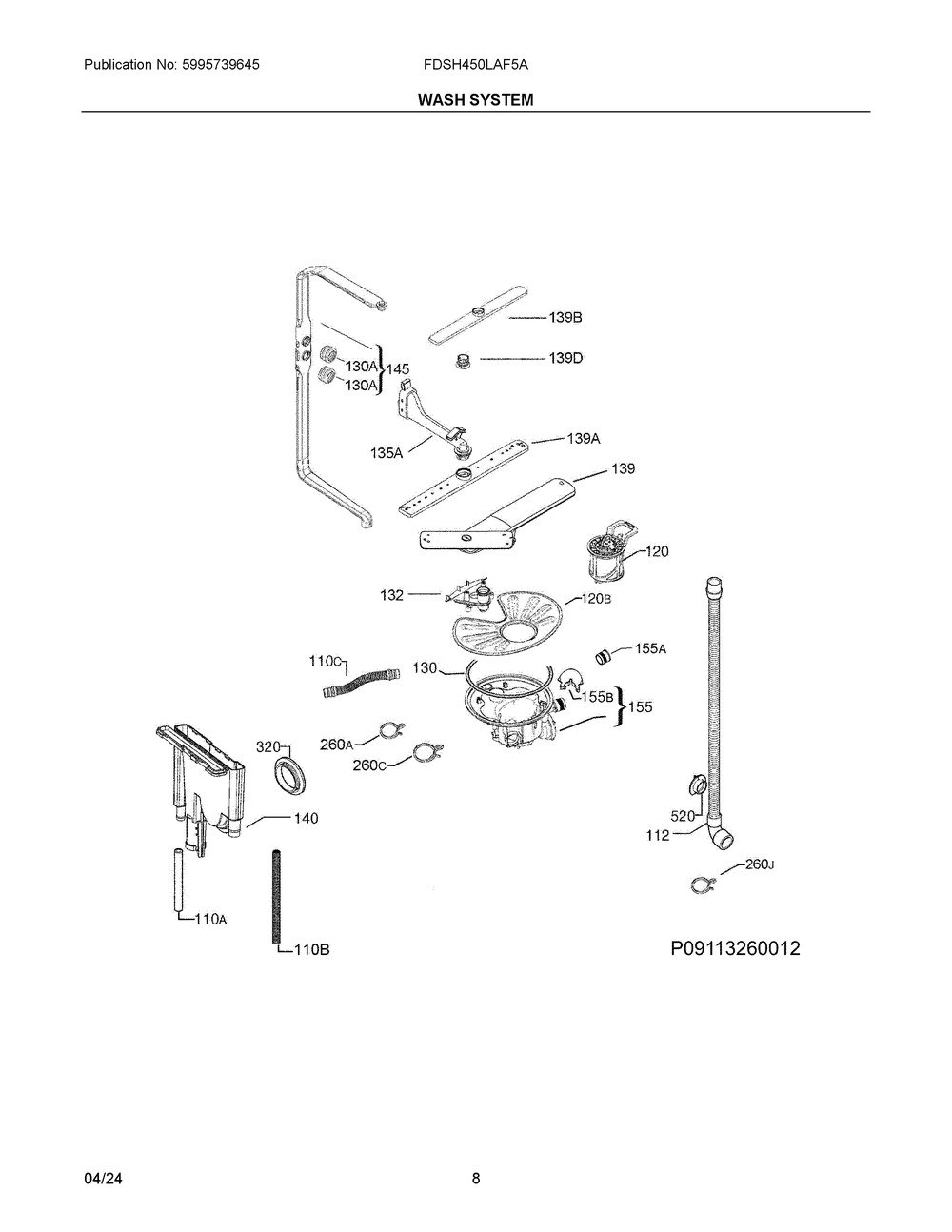 Wash System Diagram and Parts List for  Frigidaire Dishwasher