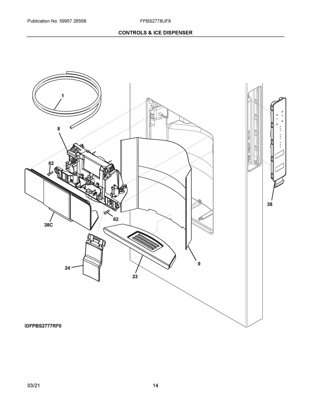 Controls And Ice Dispenser Diagram and Parts List for  Frigidaire Refrigerator