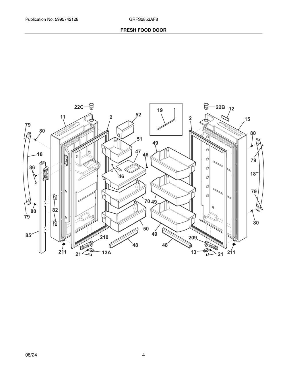 Fresh Food Door Diagram and Parts List for  Frigidaire Freezer