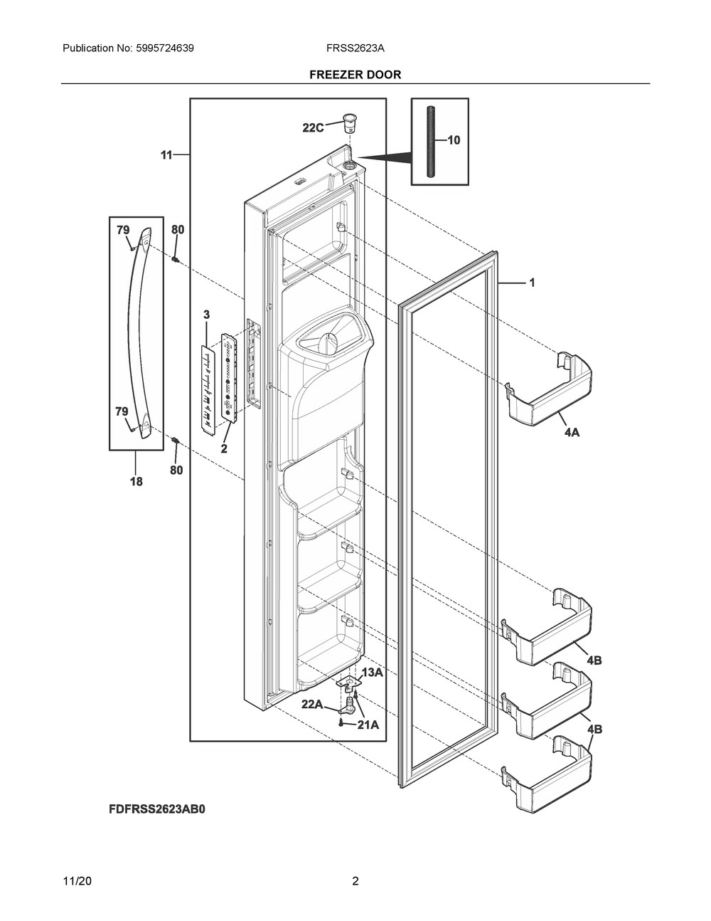 Freezer Door Diagram and Parts List for  Frigidaire Refrigerator