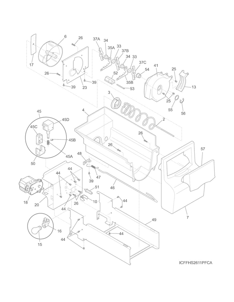 Ice Container Diagram and Parts List for  Frigidaire Refrigerator