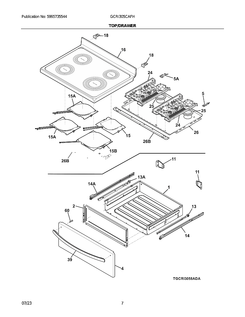 Top/Drawer Diagram and Parts List for  Electrolux Range