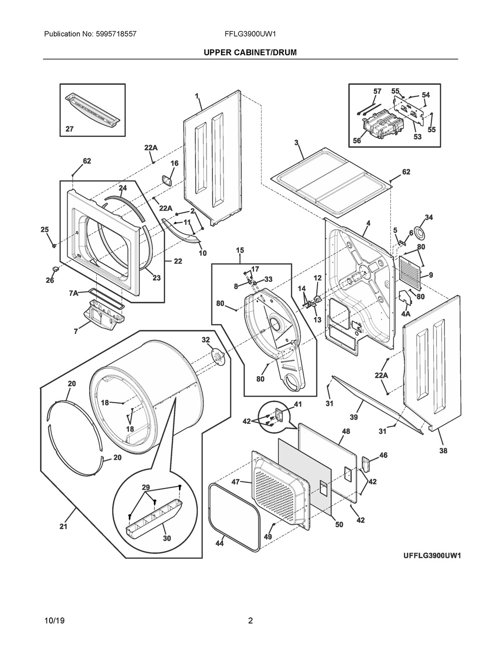 Upper Cabinet/drum Diagram and Parts List for  Frigidaire Washer Dryer Combo