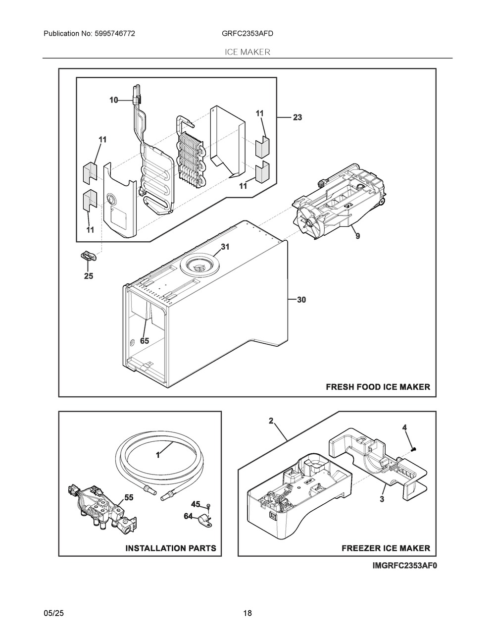 Ice Maker Diagram and Parts List for  Frigidaire Refrigerator