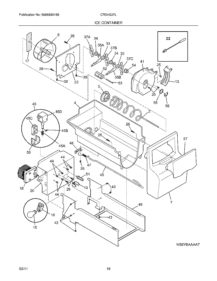 ICE CONTAINER Diagram and Parts List for  Frigidaire Refrigerator