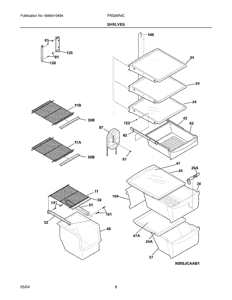 SHELVES Diagram and Parts List for FRS26R4CB2  Frigidaire Refrigerator