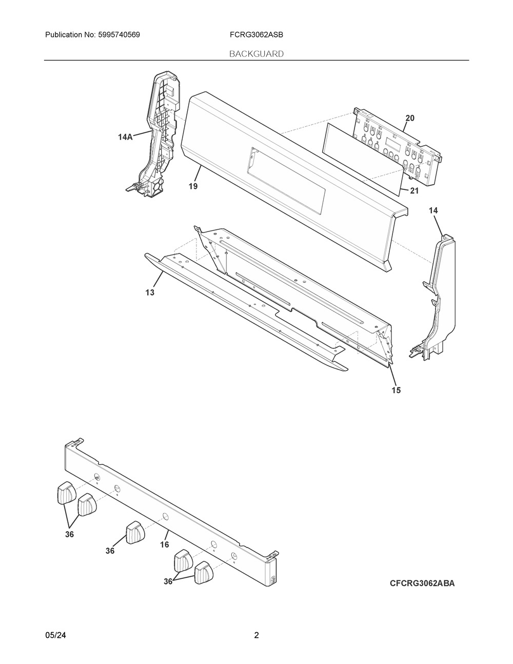 Backguard Diagram and Parts List for  Frigidaire Range