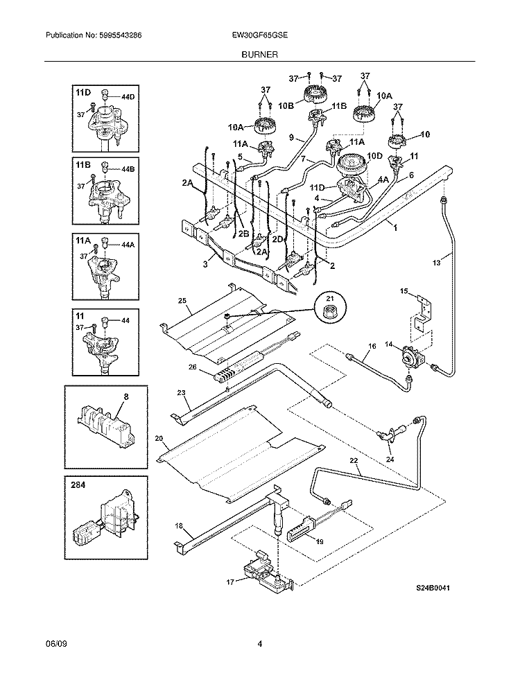 BURNER Diagram and Parts List for  Electrolux Range