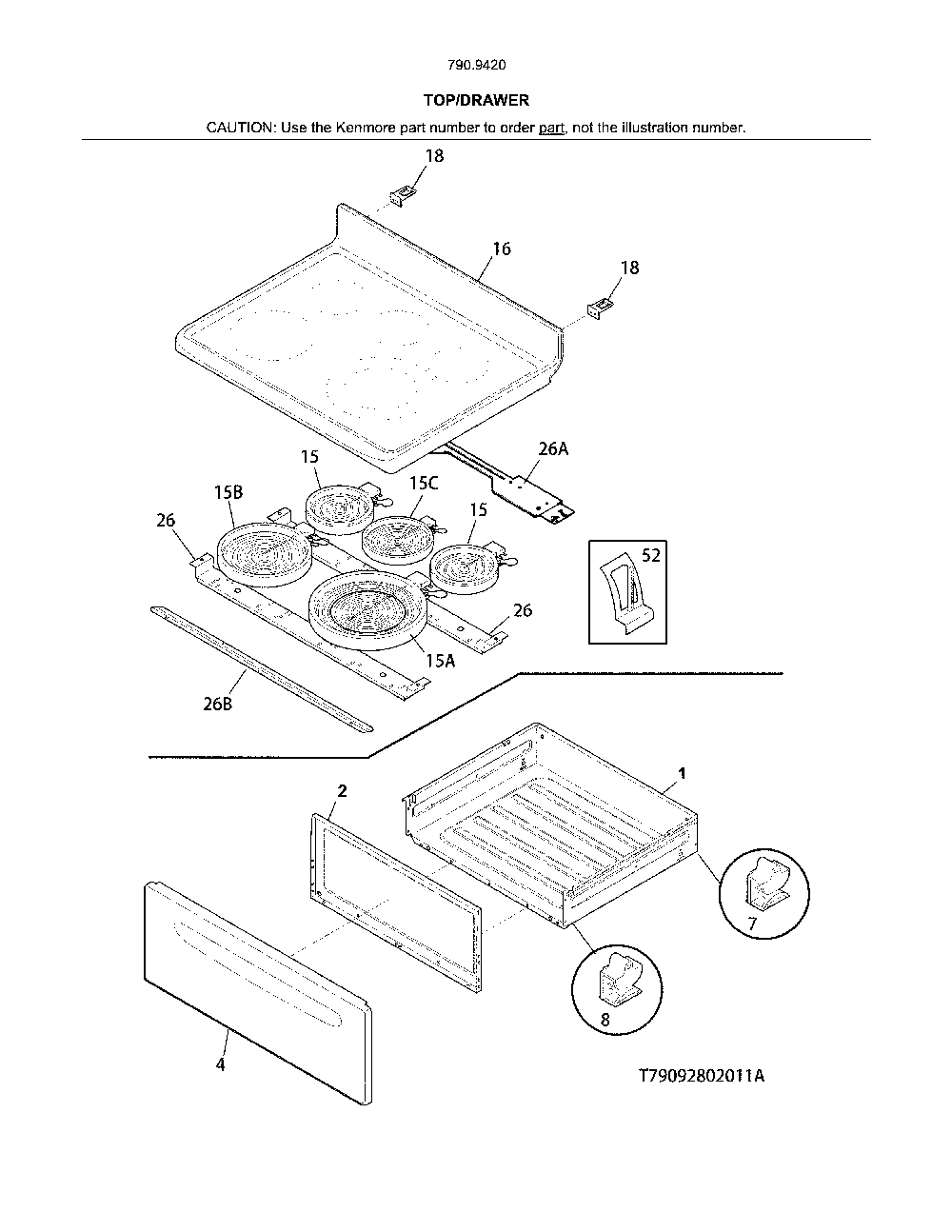 Top/drawer Diagram and Parts List for  Kenmore Range