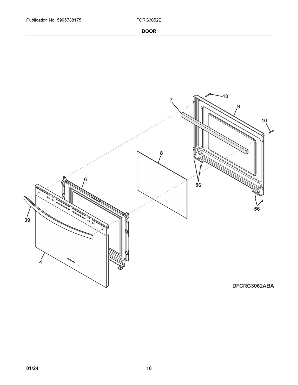 Door Diagram and Parts List for  Frigidaire Range
