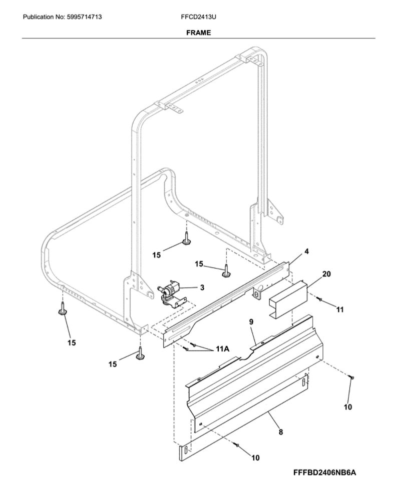 Frame Diagram and Parts List for  Frigidaire Dishwasher