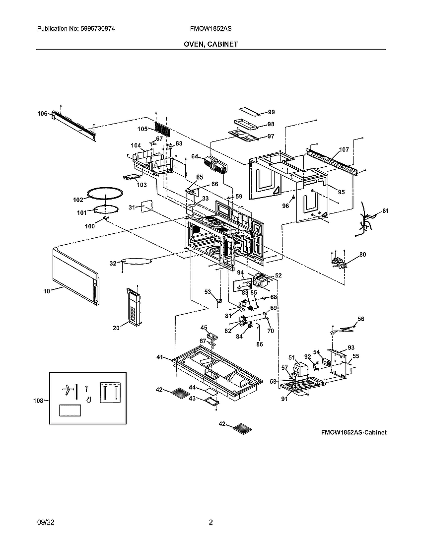 Cabinet, Oven Diagram and Parts List for  Frigidaire Microwave
